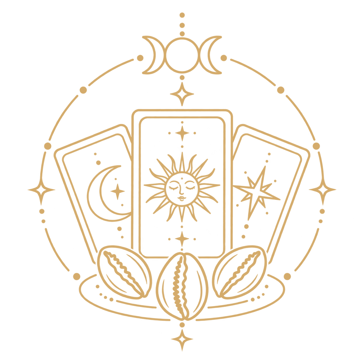 Ícone dourado de assessoria espiritual com sol, luas, cartas de tarô e símbolos místicos – Templo da Serpente Negra