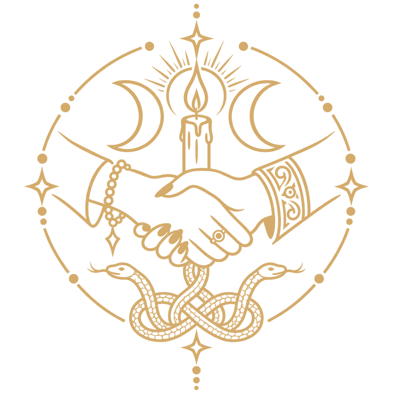 Ícone dourado de pacto e aprofundamento espiritual com serpentes entrelaçadas, vela e luas – Templo da Serpente Negra