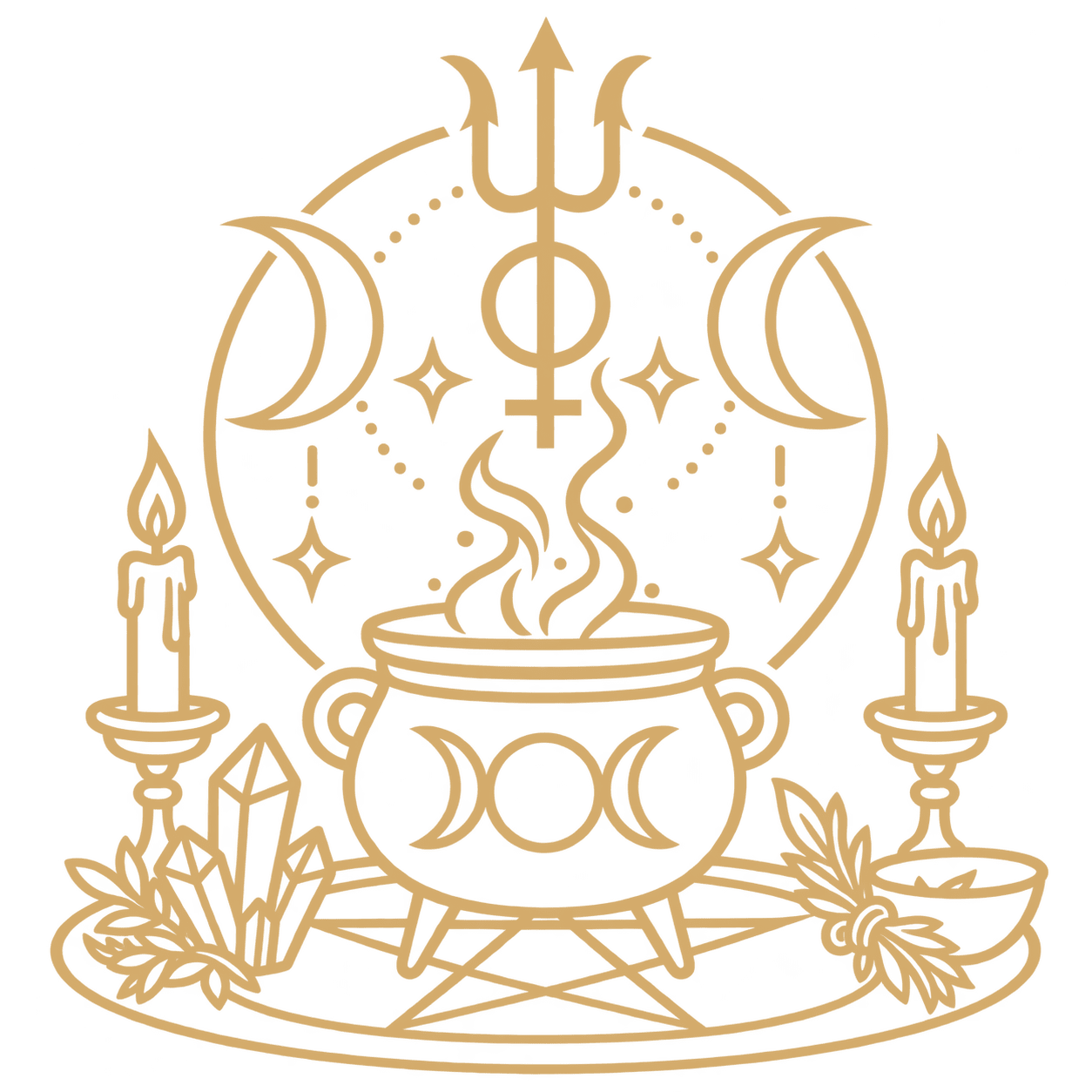 Ícone dourado de trabalhos espirituais e ritualística com caldeirão, tridente e velas – Templo da Serpente Negra
