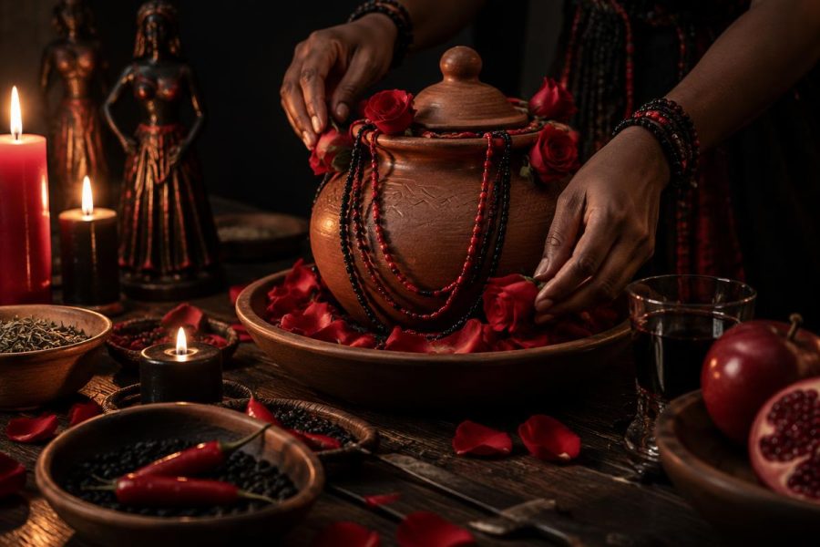 Preparo de padê ritual com panela de barro, rosas, pulseiras de contas, velas e estatueta no Templo da Serpente Negra